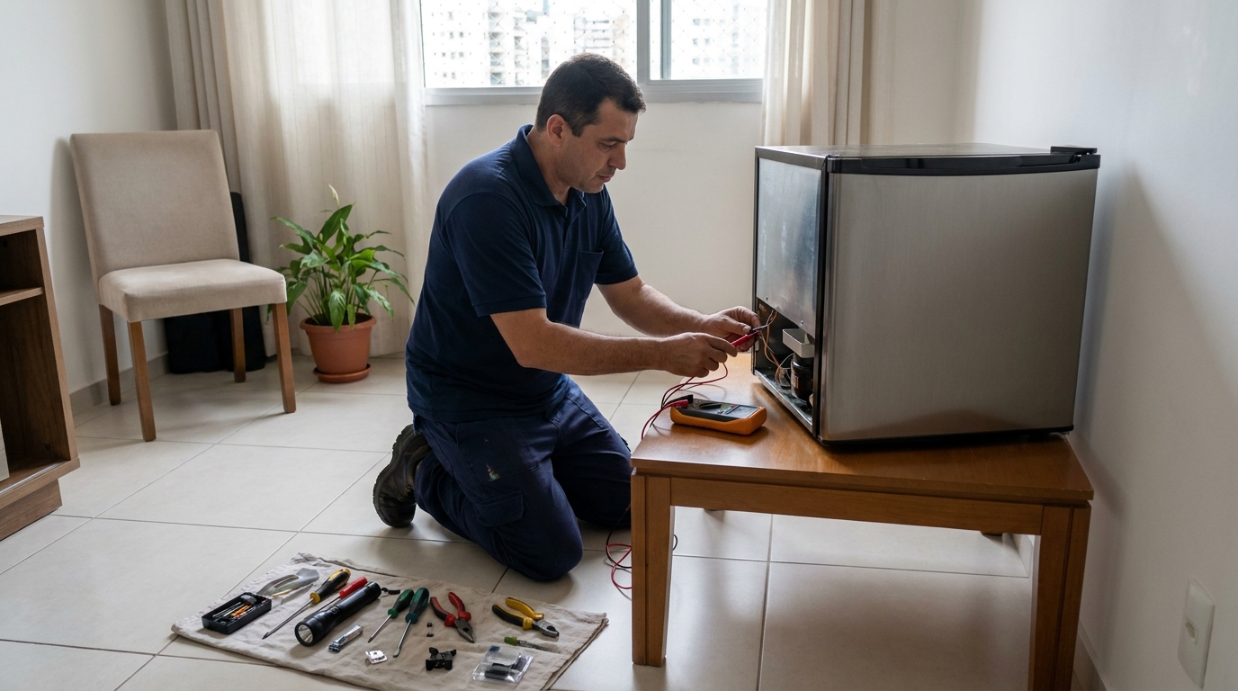 Técnico avaliando um frigobar compacto durante atendimento em Piracicaba‑SP
